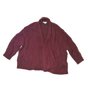 Liz Claiborne Womens 2X Burgundy Cable Knit Open Front Cardigan Sweater